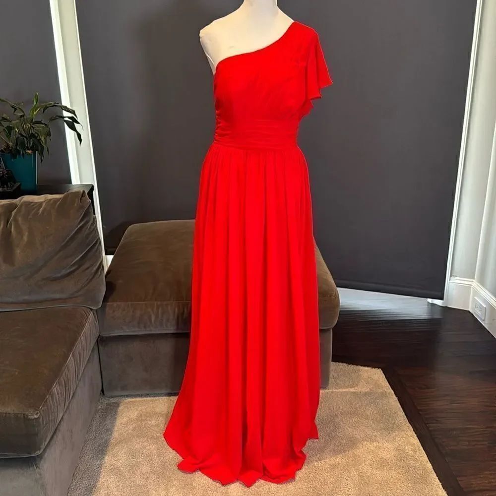 Women’s Red One Shoulder Chiffon Bridesmaid Formal Dress Corset Back Size 6
